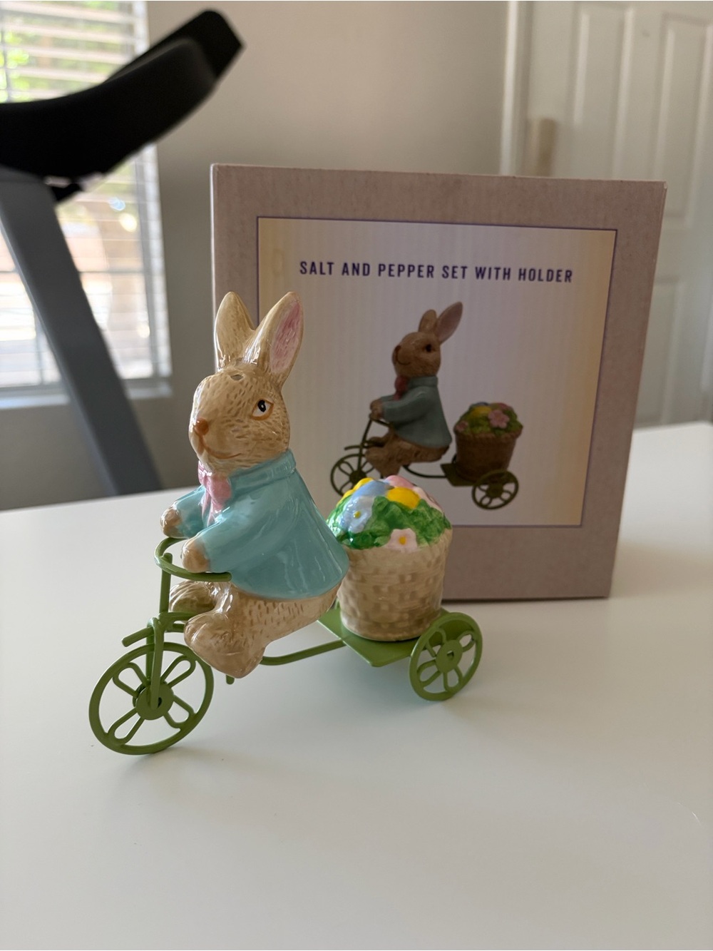 Cracker Barrel Bunny on Green Tricycle Flowers Salt & Pepper Set w/ Holder